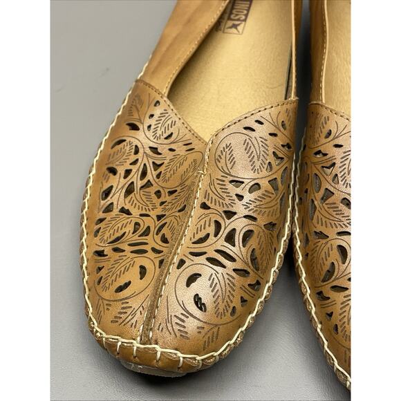 PIKOLINOS Jerez Loafer Brandy Saddle Leather Flats Womens 41 Floral Laser Cut - Picture 3 of 11